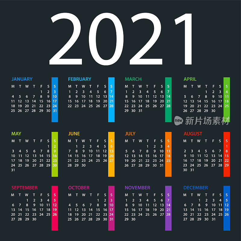 日历2021 -彩色矢量插图。下周一开始。暗的背景